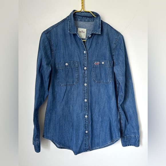 Hollister Blue Cotton Denim Long Sleeve Button Up Logo Jean Shirt Women’s Small - Picture 8 of 8